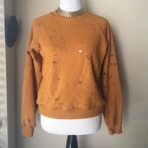 Distressed mustard yellow LNA crew neck sweater